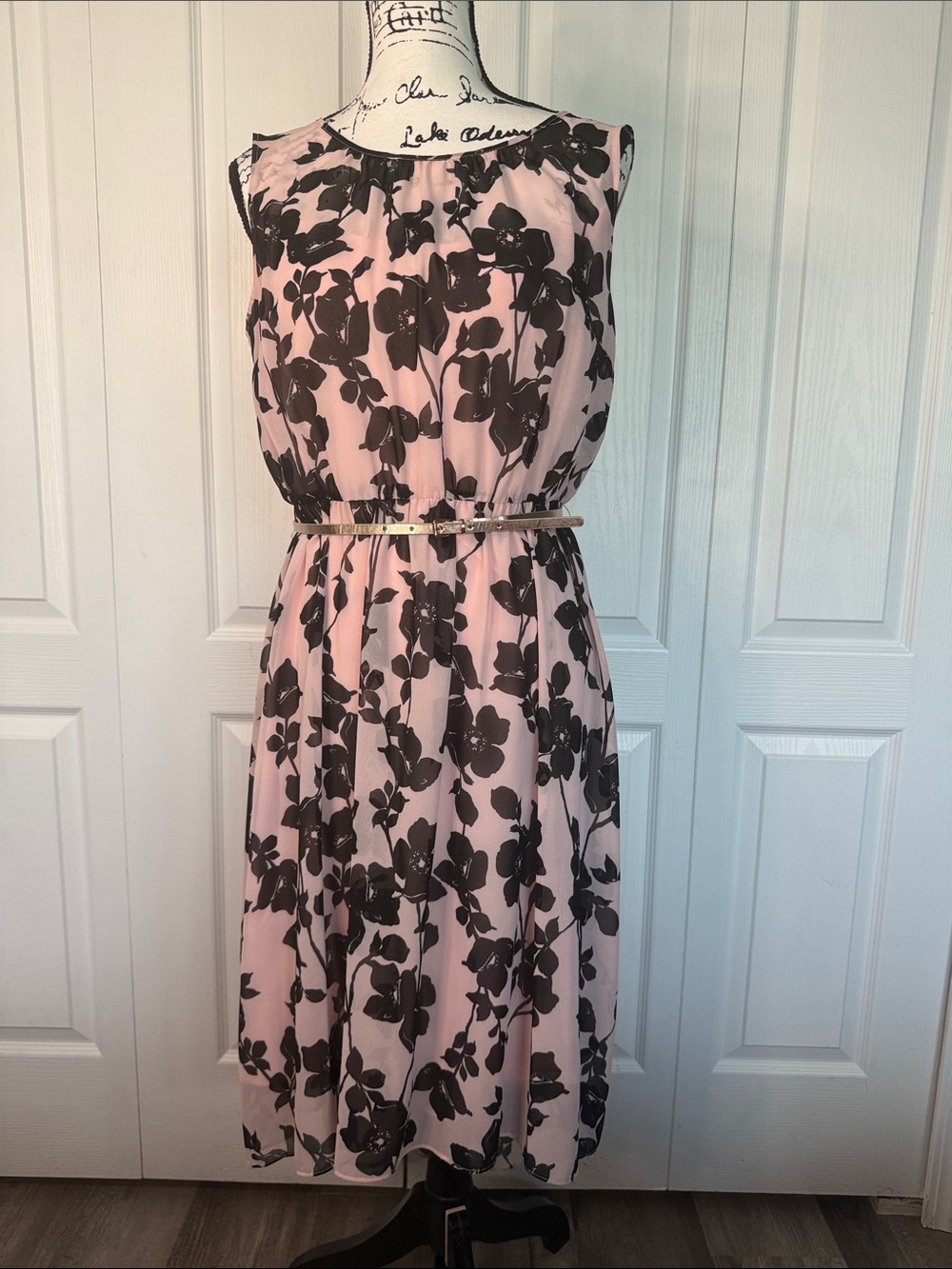 Pink Floral Midi Dress with Black Print and Slim Belt